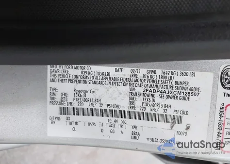 2012 Ford Fiesta S z USA, uszkodzony, nr VIN 3FADP4AJXCM128507